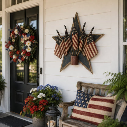Rustic Wooden Patriotic Star Wall Decor with 5 American Flags