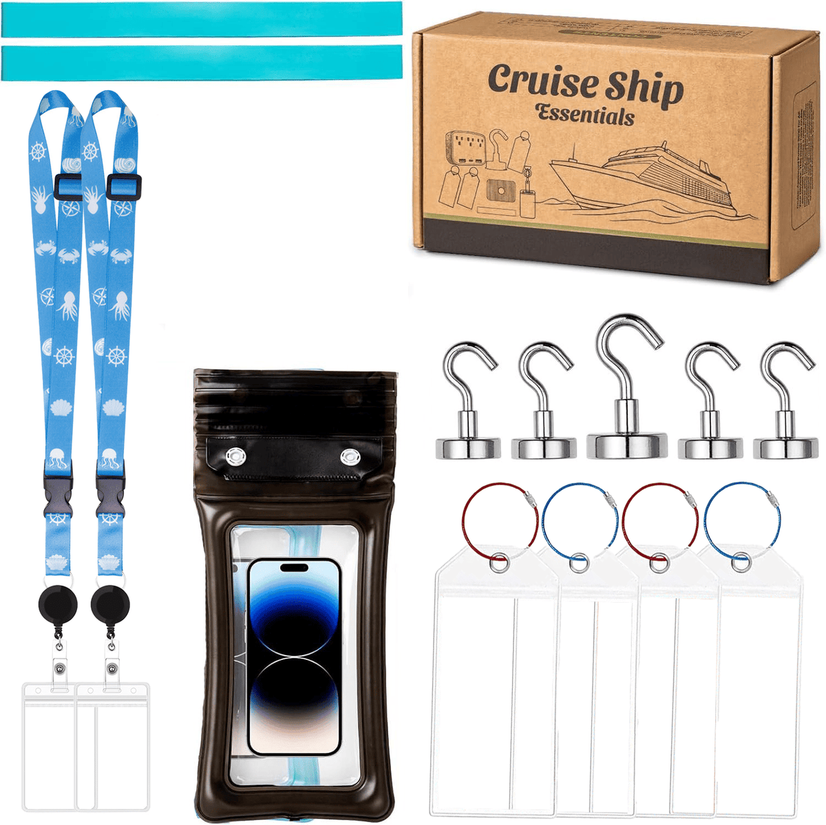 🚢Cruise Essentials 2026-Cruise Must Haves Kit with Non-Surge Protector Power Strip, Lanyard with ID Holder, Magnetic Hooks, Luggage Tag Set, Towel Bands, Waterproof Phone Holder
