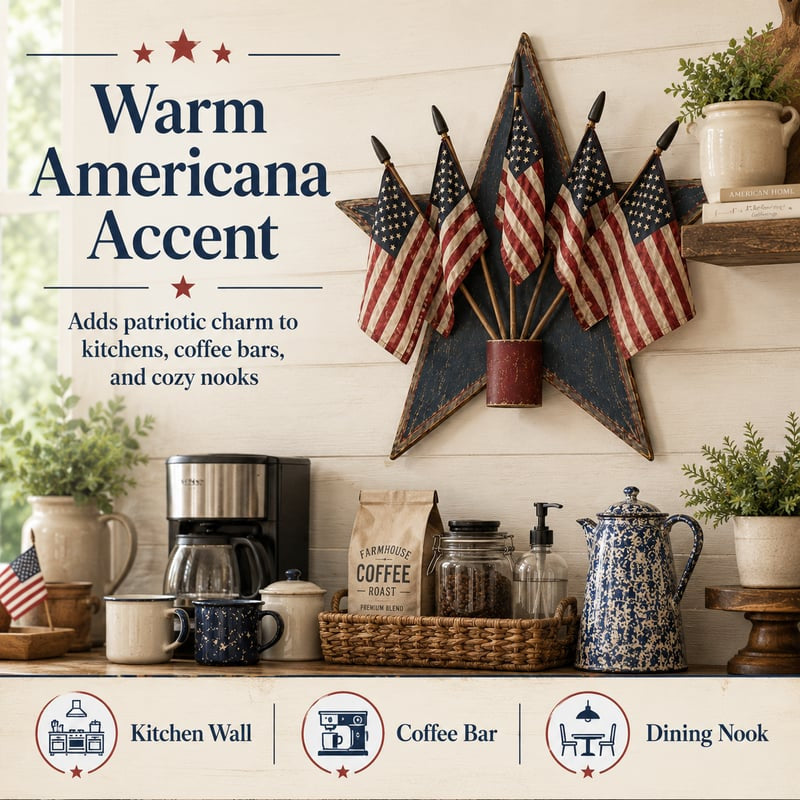 Rustic Wooden Patriotic Star Wall Decor with 5 American Flags