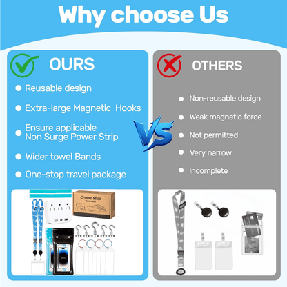 🚢Cruise Essentials 2026-Cruise Must Haves Kit with Non-Surge Protector Power Strip, Lanyard with ID Holder, Magnetic Hooks, Luggage Tag Set, Towel Bands, Waterproof Phone Holder