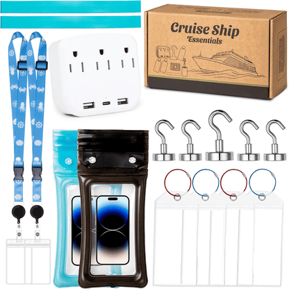 🚢Cruise Essentials 2026-Cruise Must Haves Kit with Non-Surge Protector Power Strip, Lanyard with ID Holder, Magnetic Hooks, Luggage Tag Set, Towel Bands, Waterproof Phone Holder