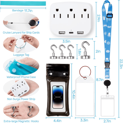 🚢Cruise Essentials 2026-Cruise Must Haves Kit with Non-Surge Protector Power Strip, Lanyard with ID Holder, Magnetic Hooks, Luggage Tag Set, Towel Bands, Waterproof Phone Holder