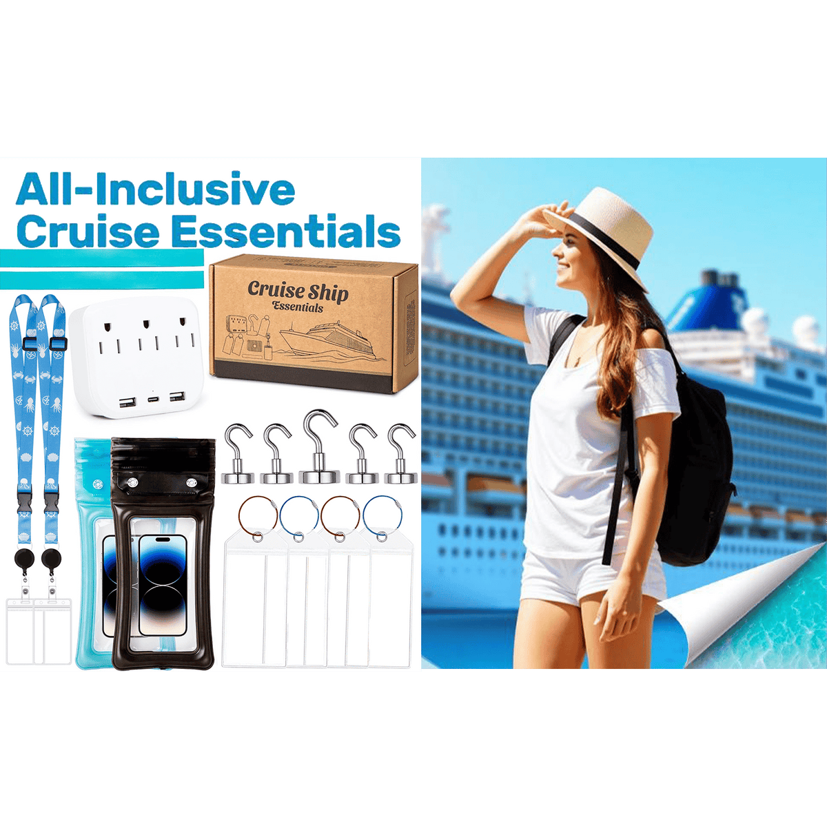 🚢Cruise Essentials 2026-Cruise Must Haves Kit with Non-Surge Protector Power Strip, Lanyard with ID Holder, Magnetic Hooks, Luggage Tag Set, Towel Bands, Waterproof Phone Holder